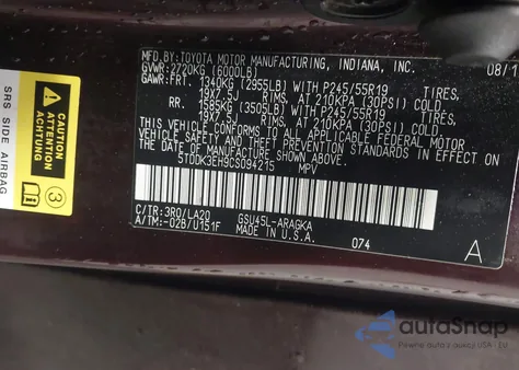 2012 Toyota Highlander Limited V6 from USA, damaged, VIN 5TDDK3EH9CS094215